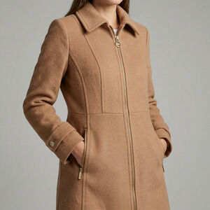 Michael Kors Women's Wool Blend Coat Camel Tan Zip Up Classic Luxury Size S